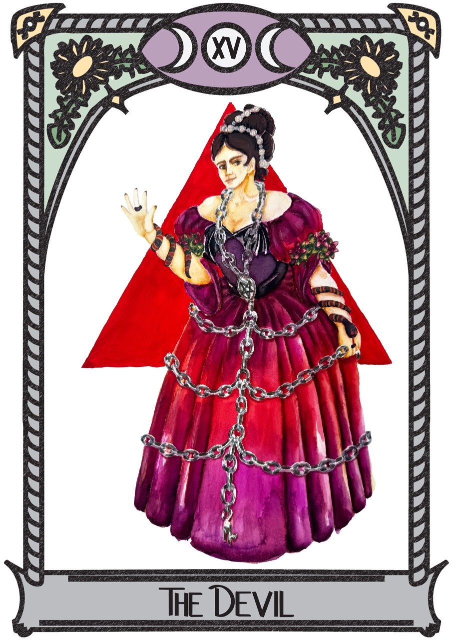Illustrated tarot card of The Devil showing a woman in a purple dress with chains across her body, framed by decorative black and red border artwork.