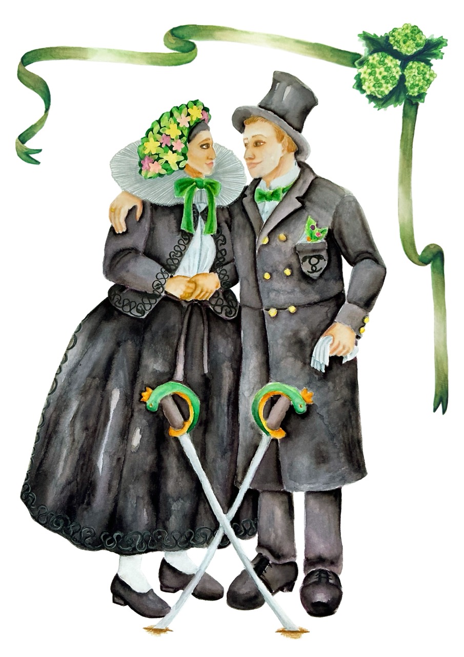 A whimsical illustration of a couple in traditional dress standing arm in arm, with crossed canes and a green ribbon border on a white background.