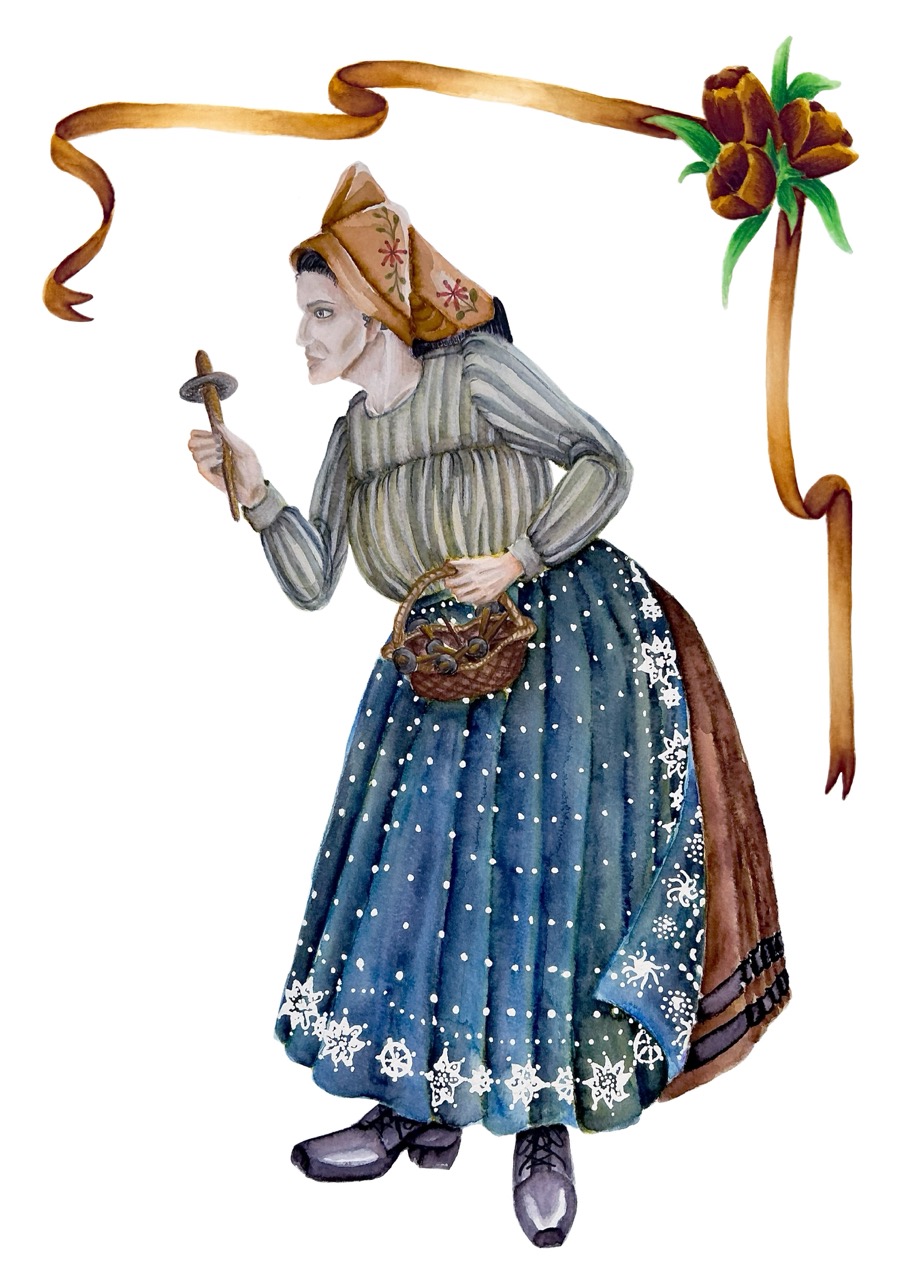 A paper cut-out of an older woman in traditional dress holding a spinning top, with a ribbon and flower decoration in the top right corner.