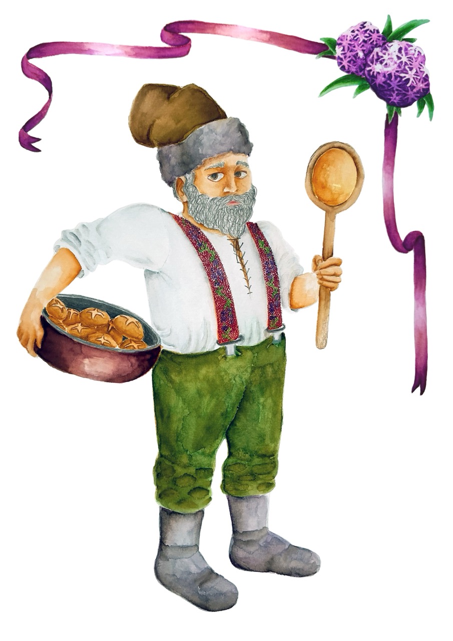 A watercolour illustration of a bearded baker in green trousers and boots, holding a wooden spoon and a bowl of pastries, with purple ribbon and flowers above him.