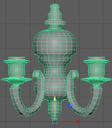 3D model, with green grid interface, of a candle holder with two branches.