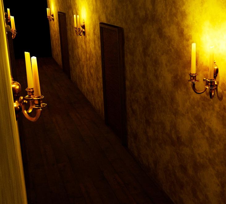 Illustration of a dark hallway lit by wall-mounted candles.