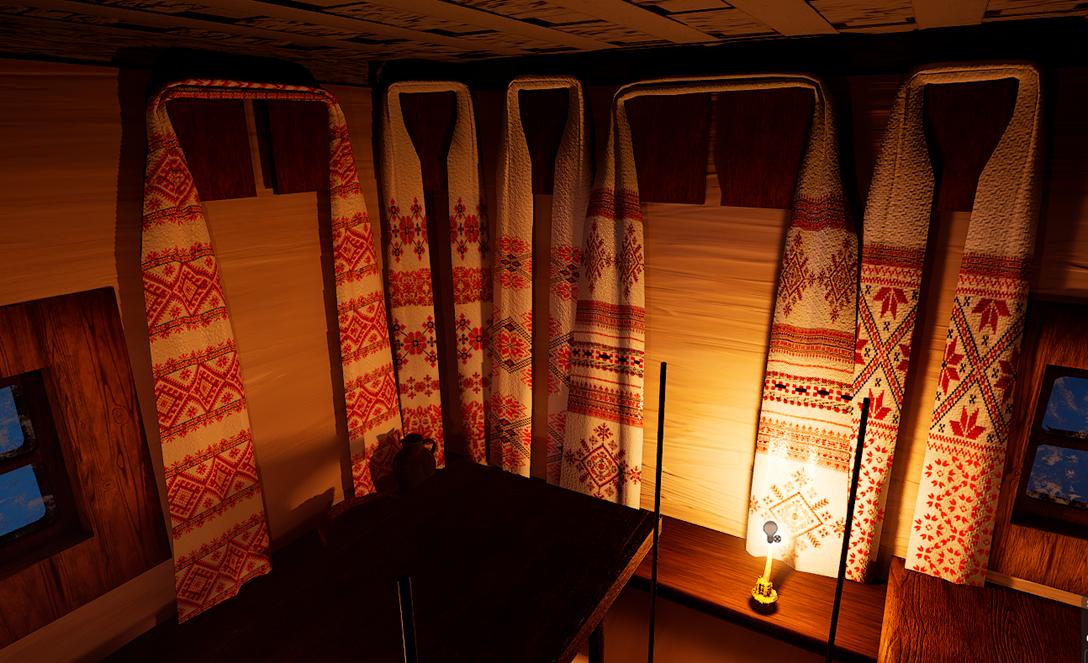 A dimly lit room with three ornate tapestries hanging on the wall.