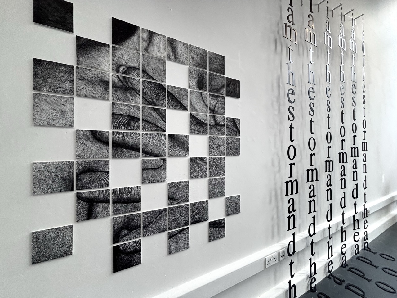 A wall display featuring a grid of black and white images arranged in squares, alongside vertical text that reads 'I am the storm and the' in a modern font. The setting has minimal furnishings, with a plain white backdrop.