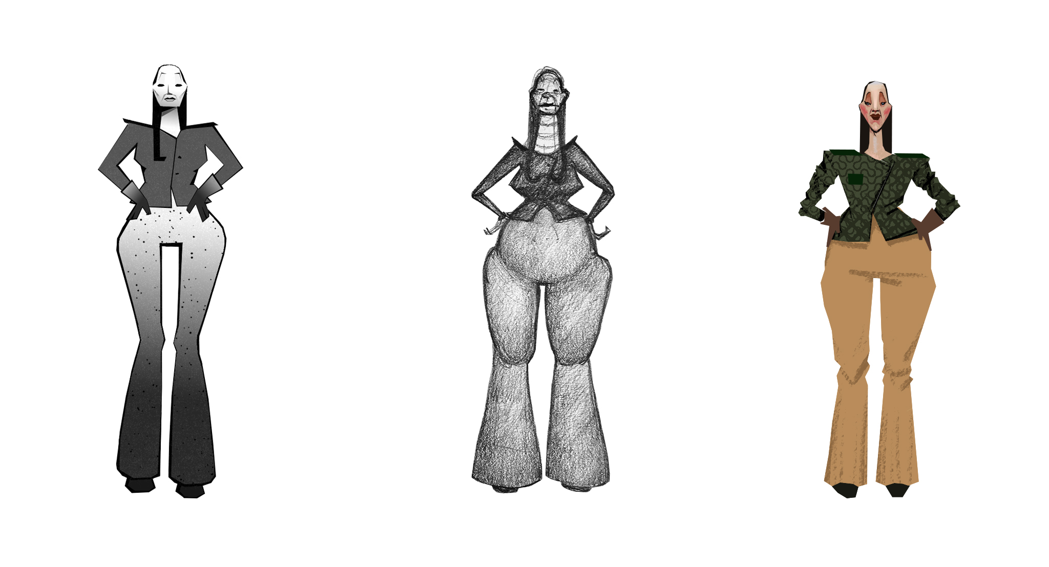Three versions of the same animated character with their hands on their hips, wearing large trousers.