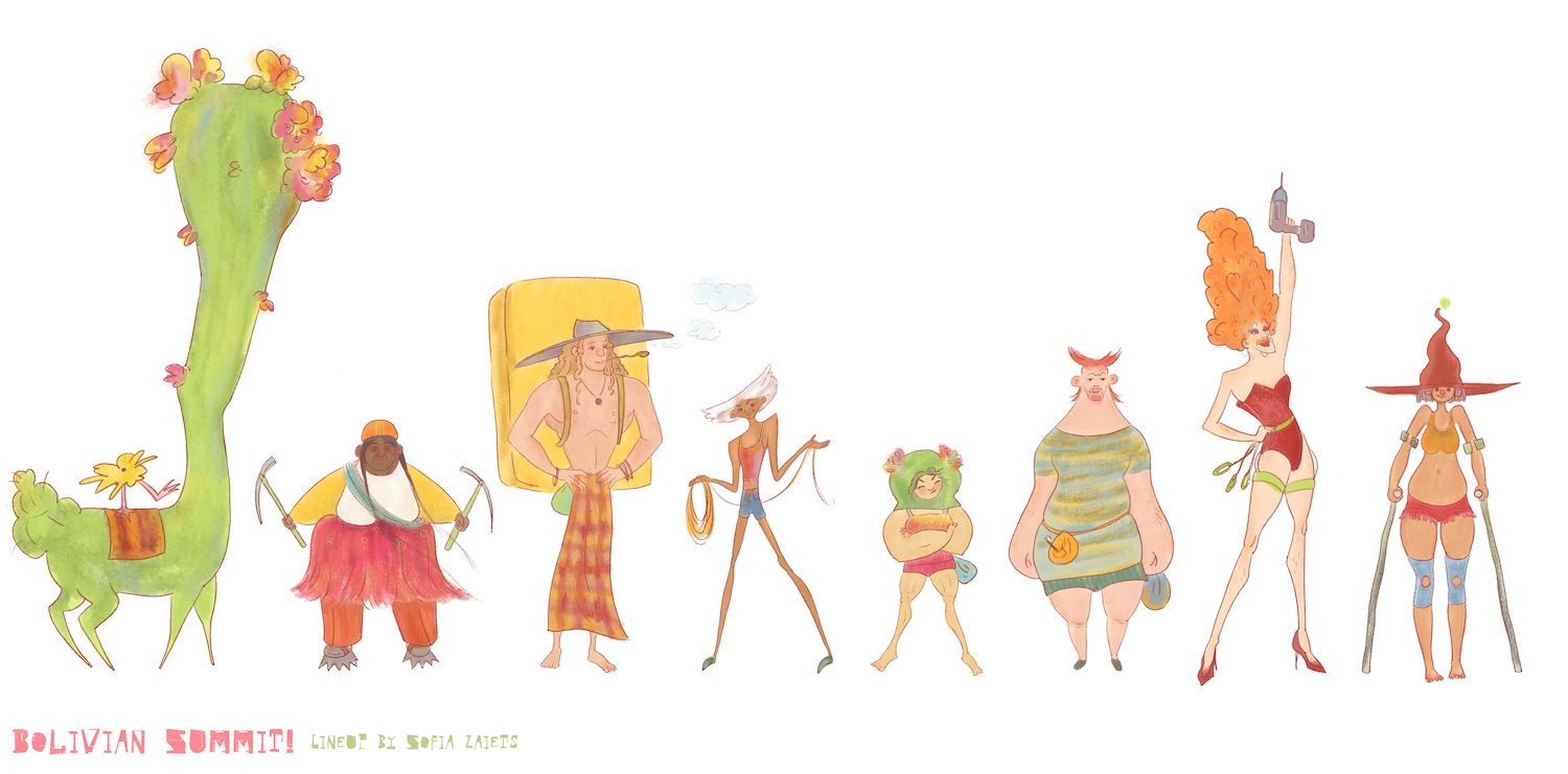 Line-up of eight colourfully drawn animated characters.