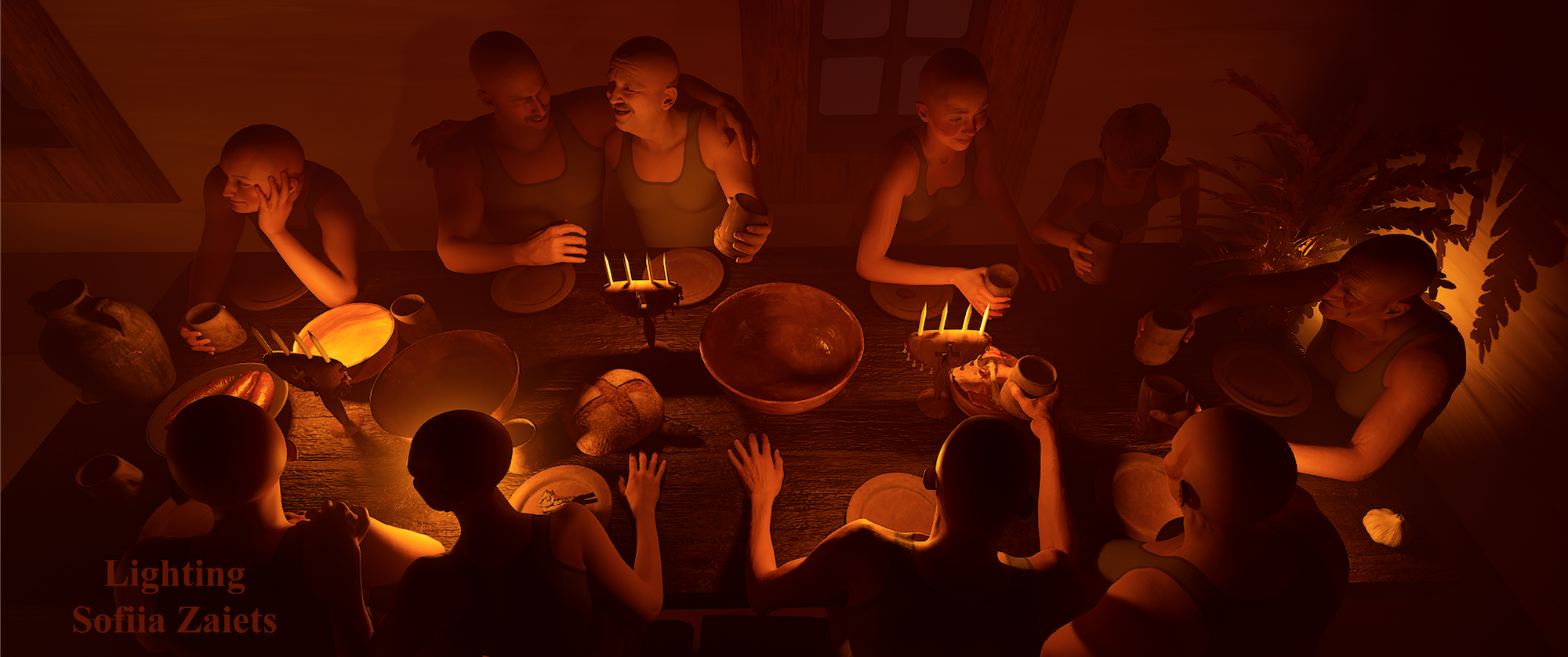 A group of 10 people sit drinking around a long, dimly lit table.