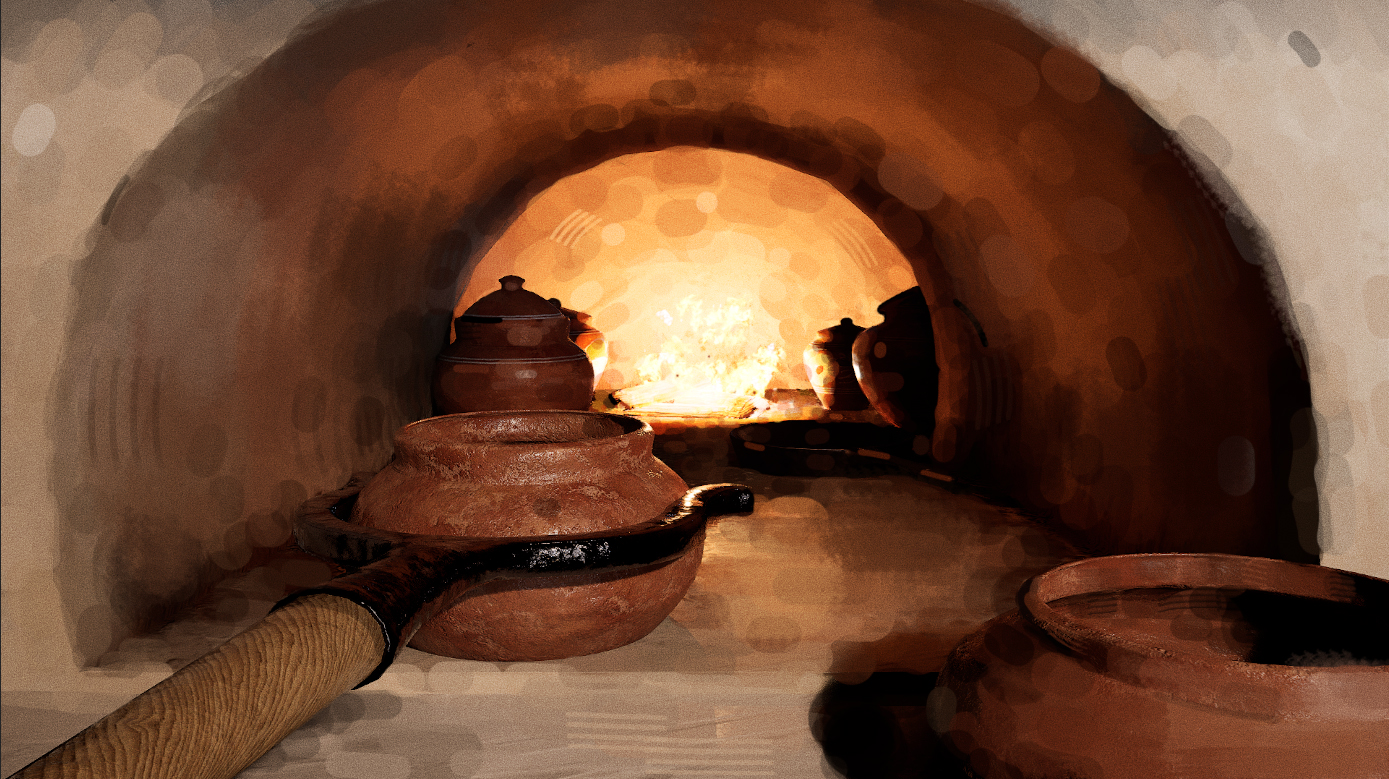 Painting of clay pots in a kiln. One pot is being pushed into the fire with a large hook.