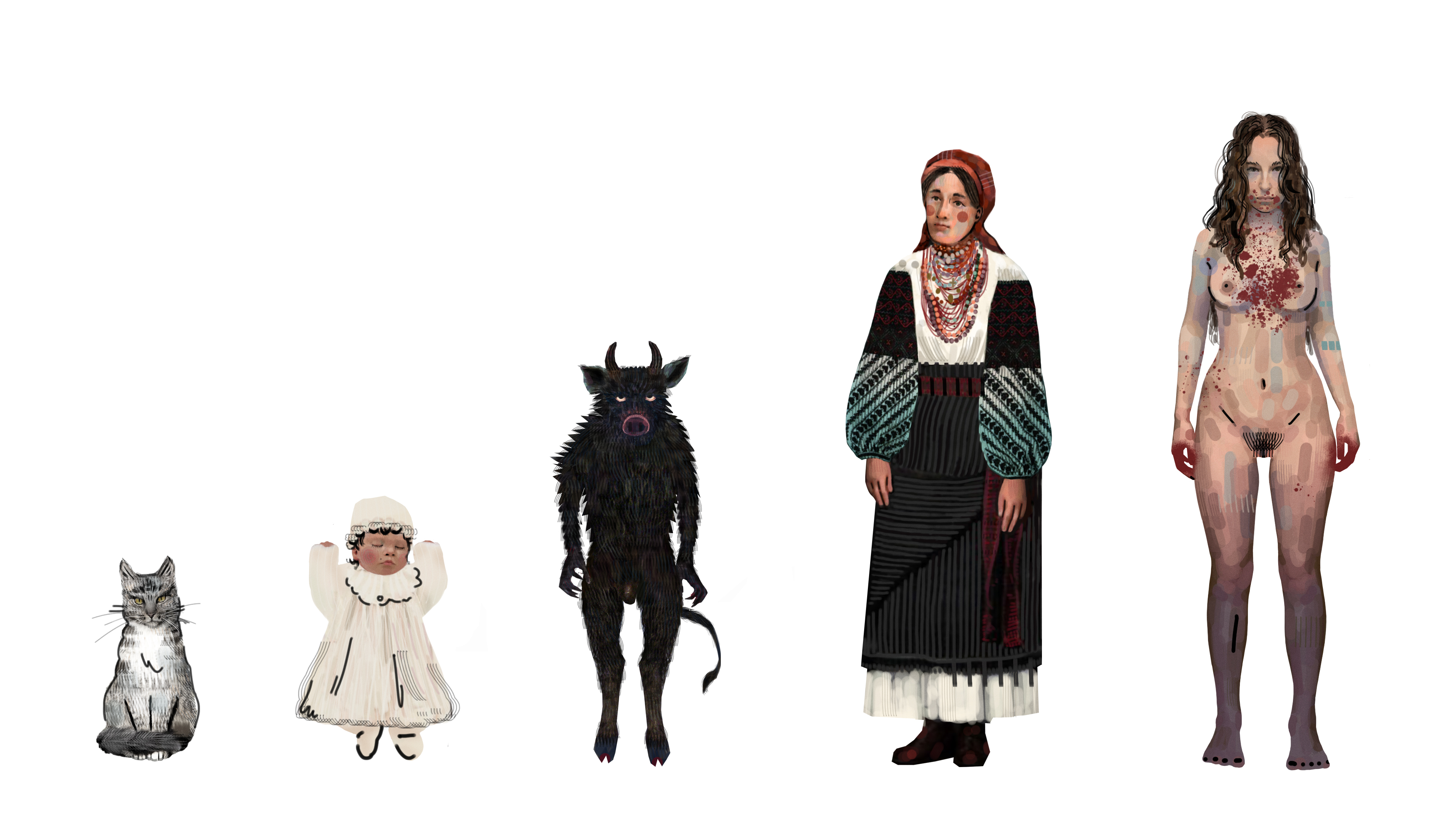Illustrations of five characters, including a cat, a baby, a demon, and a nude woman with blood on her hands and chest.