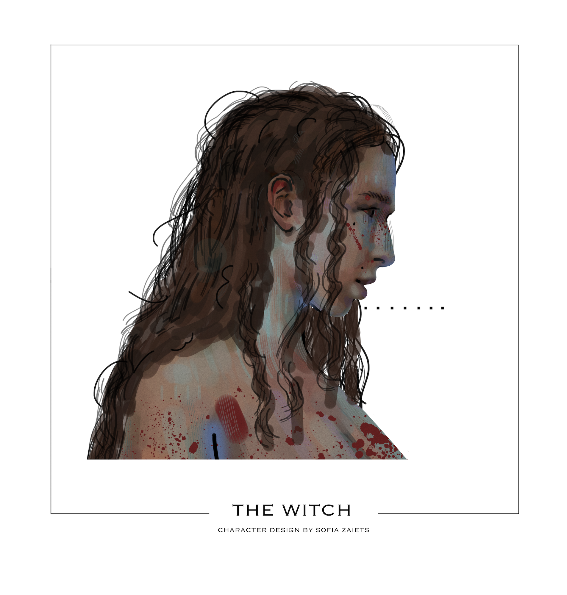 Illustration of the side profile of a nude character with straggly hair and blood near their chest. The words "The Witch Character Design by Sofia Zaiets" appear below.