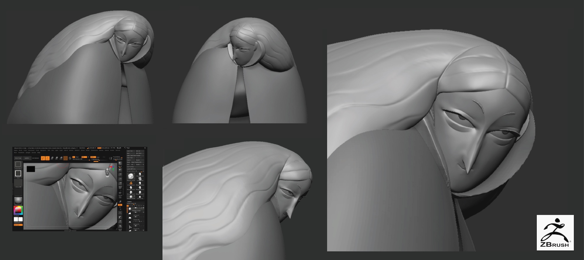 3D rendering of women with long, cloak-like hair wearing a gown, giving side eye.