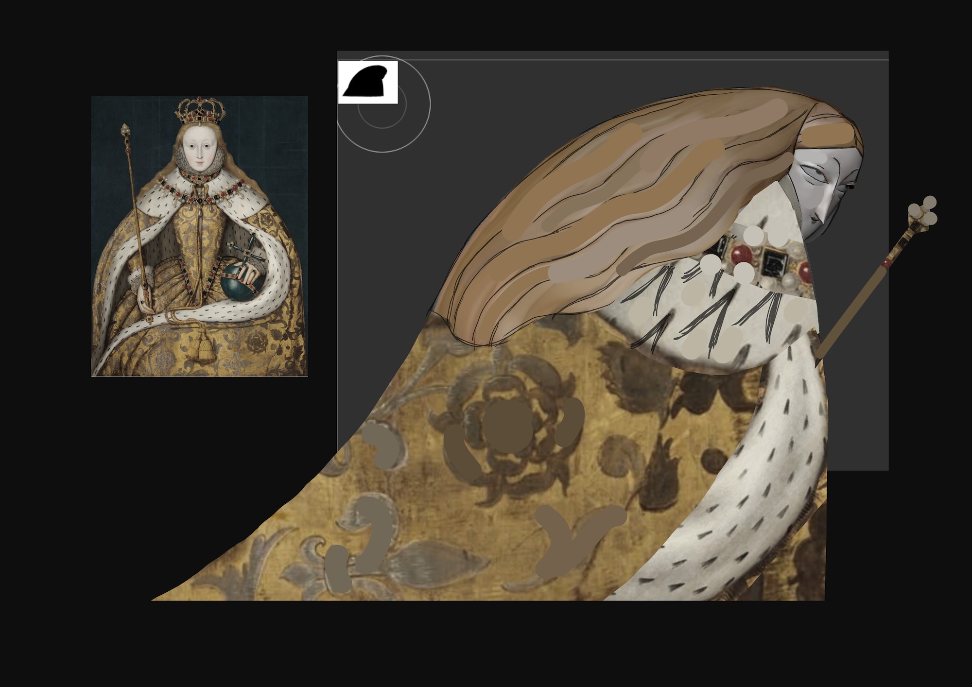 Detailed, stylised illustration of Queen Elizabeth I based on historical photo on the left, yellow floral gown and long, brunette hair, giving side eye.