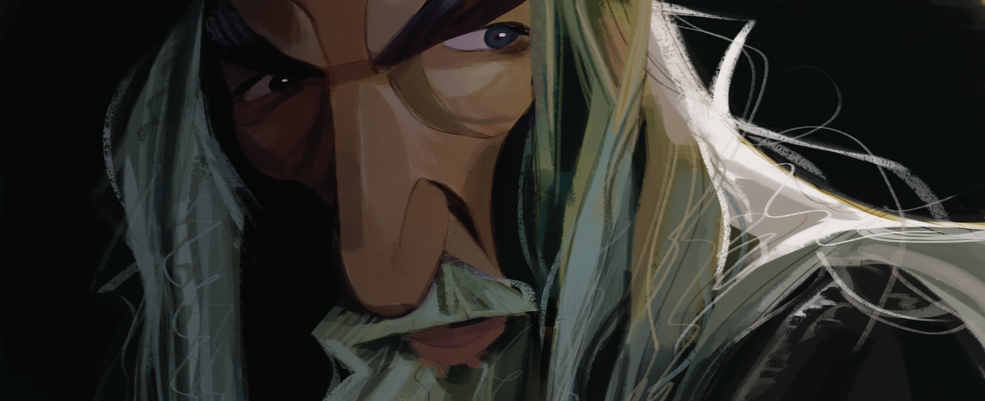 Close-up illustration of Gandalf with white long hair and beard, serious expression, illuminated by light from behind.