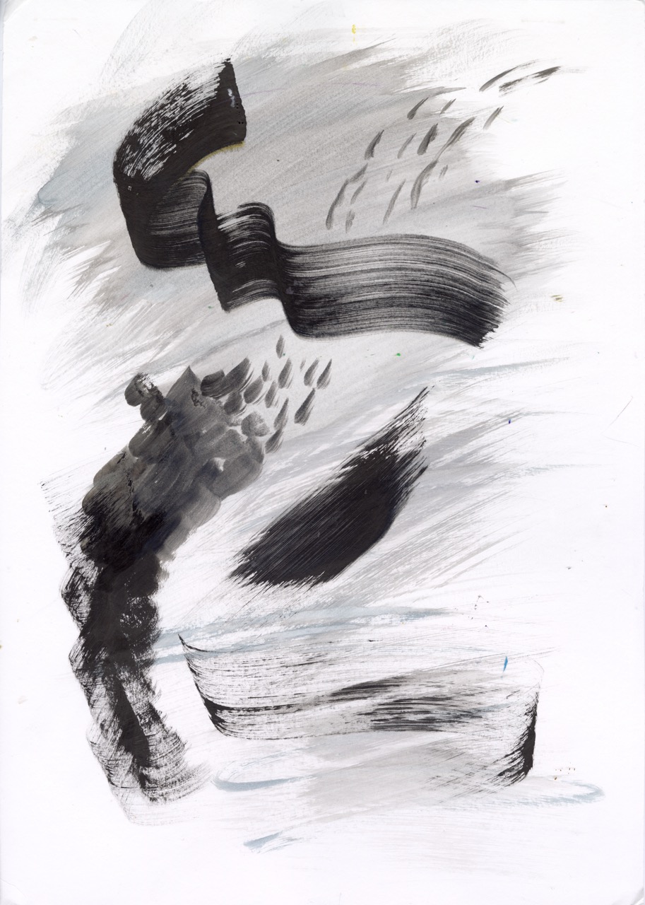 An abstract painting featuring dynamic brush strokes in black and grey over a white background. The composition includes swirling lines and patches of darker paint, creating a sense of movement and texture.
