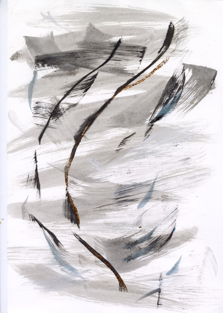 An abstract artwork featuring grey and black brush strokes intertwined with delicate lines of gold and brown on a white background. The composition suggests movement and fluidity, with various shapes and textures created by the brush techniques.
