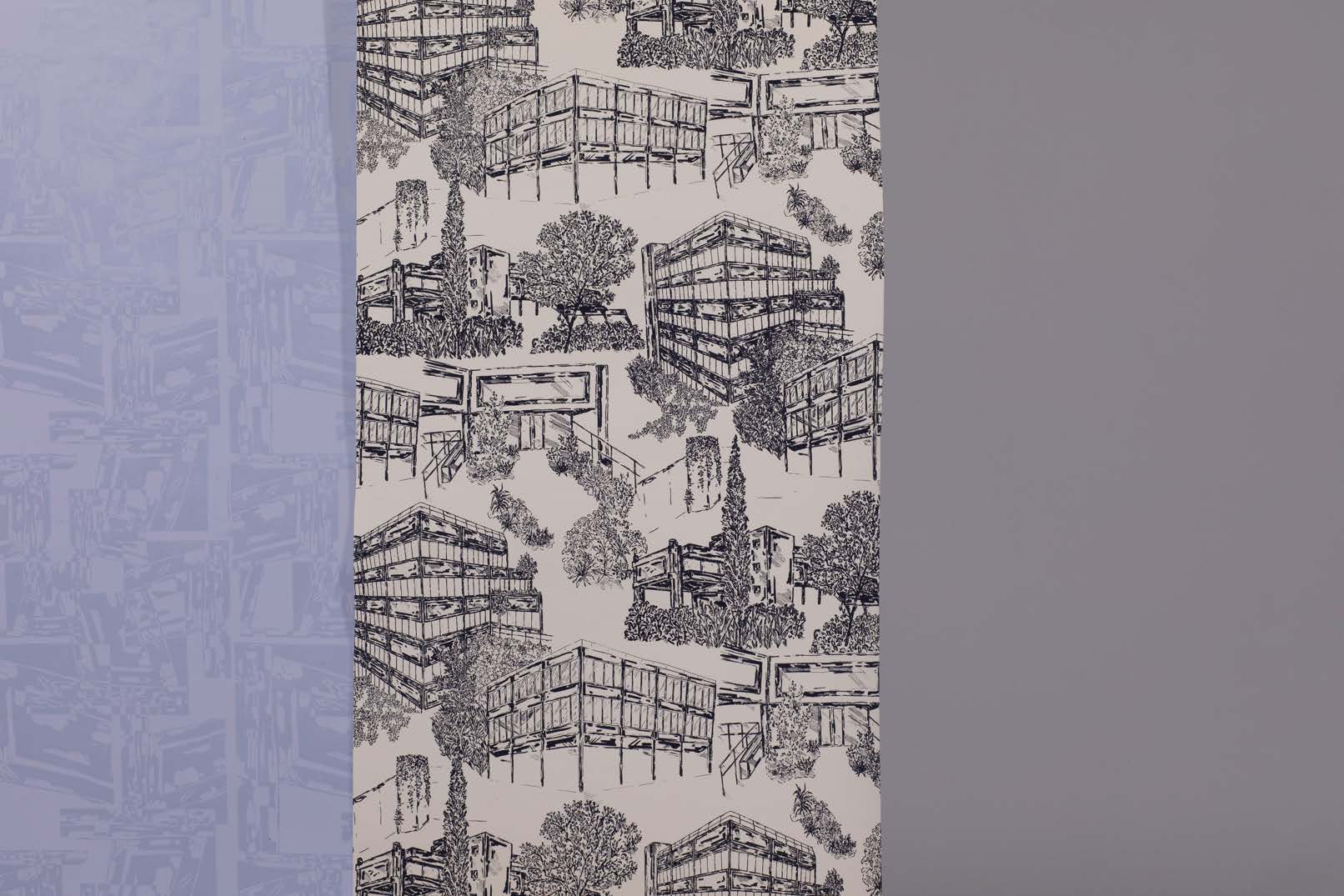 A patterned wallpaper featuring black and white sketches of modern buildings and trees. The design is set against a grey background, with one side showing a lighter purple hue.