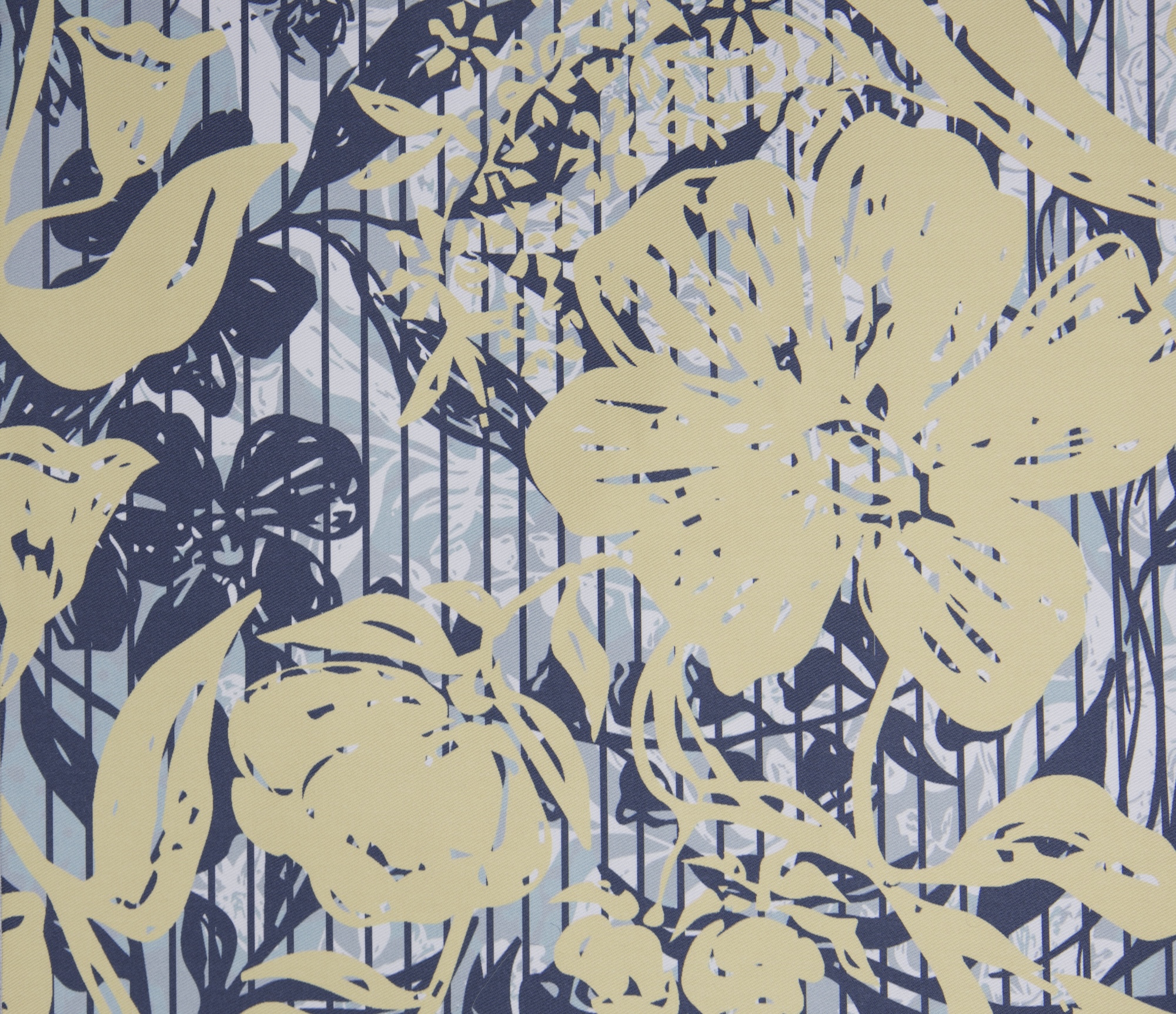 A decorative pattern featuring large yellow flowers and intricate foliage in contrasting dark blue against a textured background with vertical stripes in light blue and white. The design is abstract with layered floral and plant motifs.