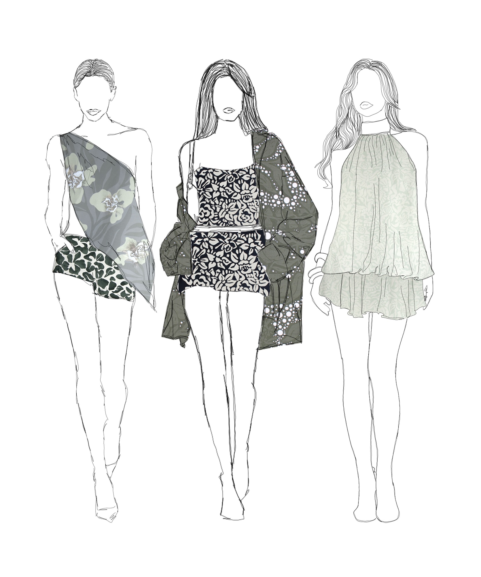 Three fashion illustrations of female figures wearing different outfits. The left figure sports a one-shoulder top with floral patterns and shorts, the middle figure is dressed in a patterned romper and a floral wrap, while the right figure wears a flowing halter dress.