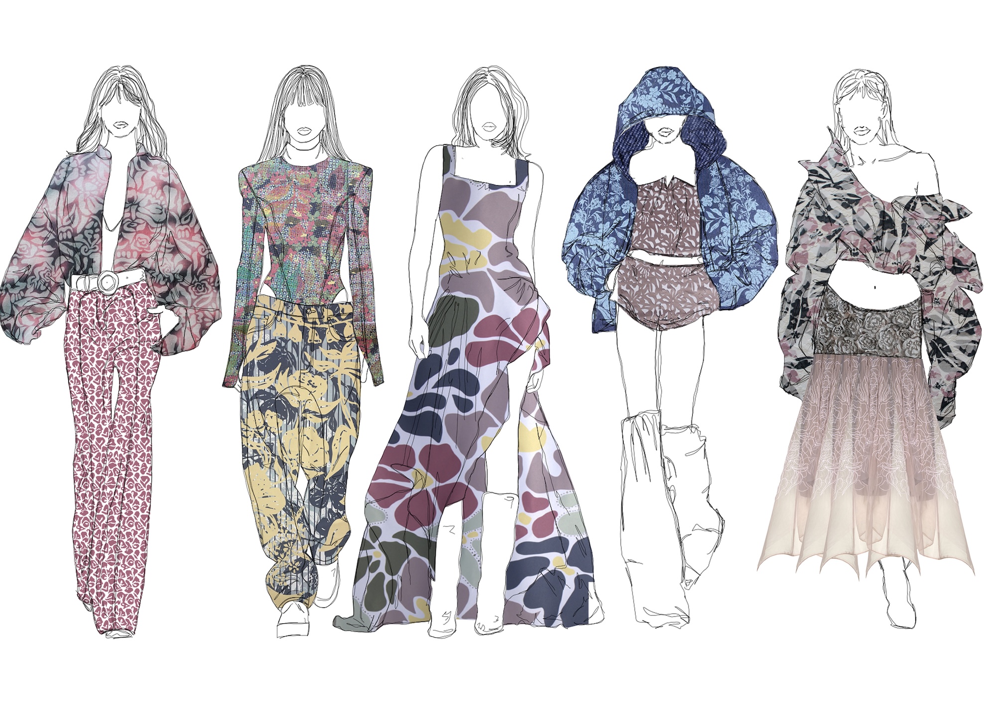 Five fashion sketches featuring women in various outfits. They display diverse styles, including a floral patterned shirt and pants, a long dress with bold prints, and a layered skirt with a crop top, all in a minimalist outline style.