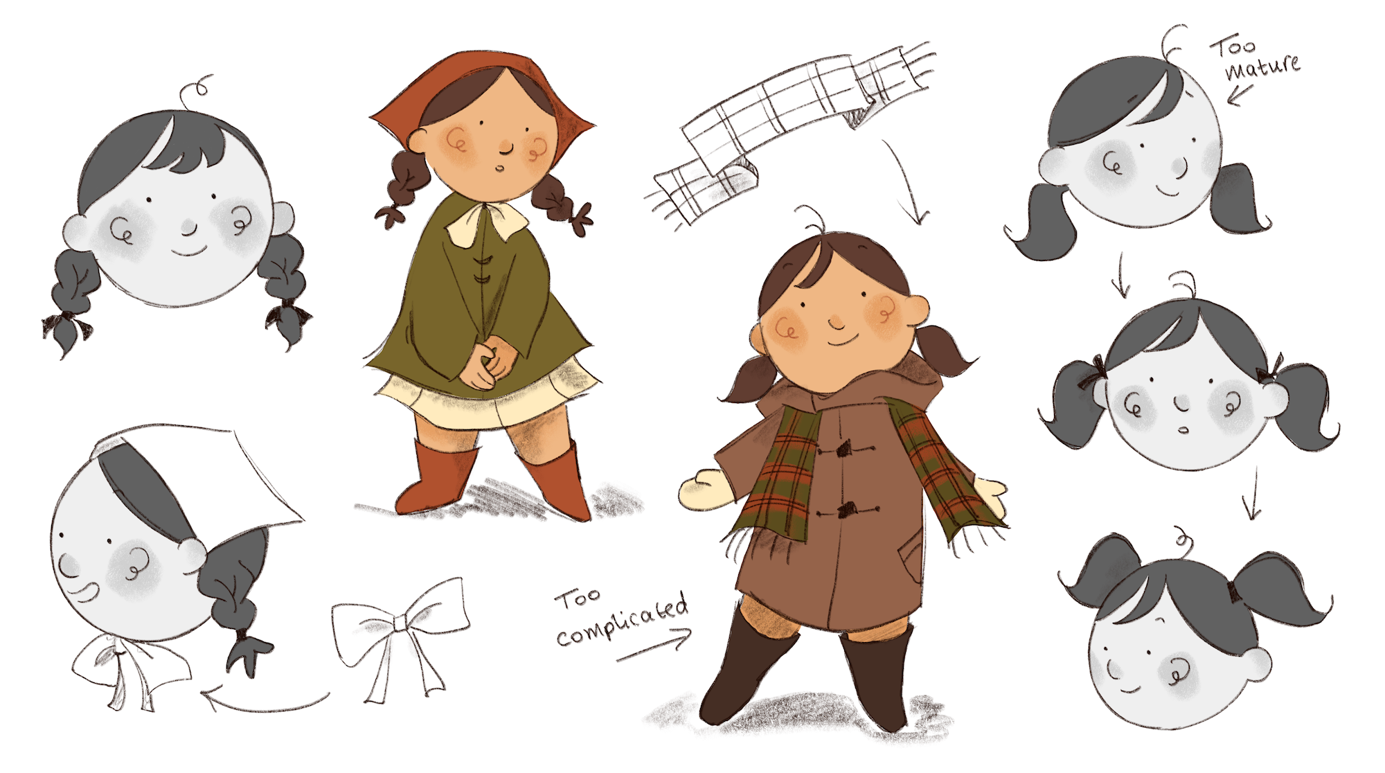 Black and white and coloured illustrations of a cartoon character's face and costume with varying expressions and poses.