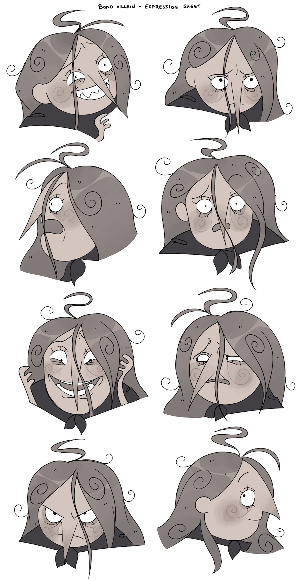 Two columns with four cartoon faces in each, showing various expressions of a villainous character.