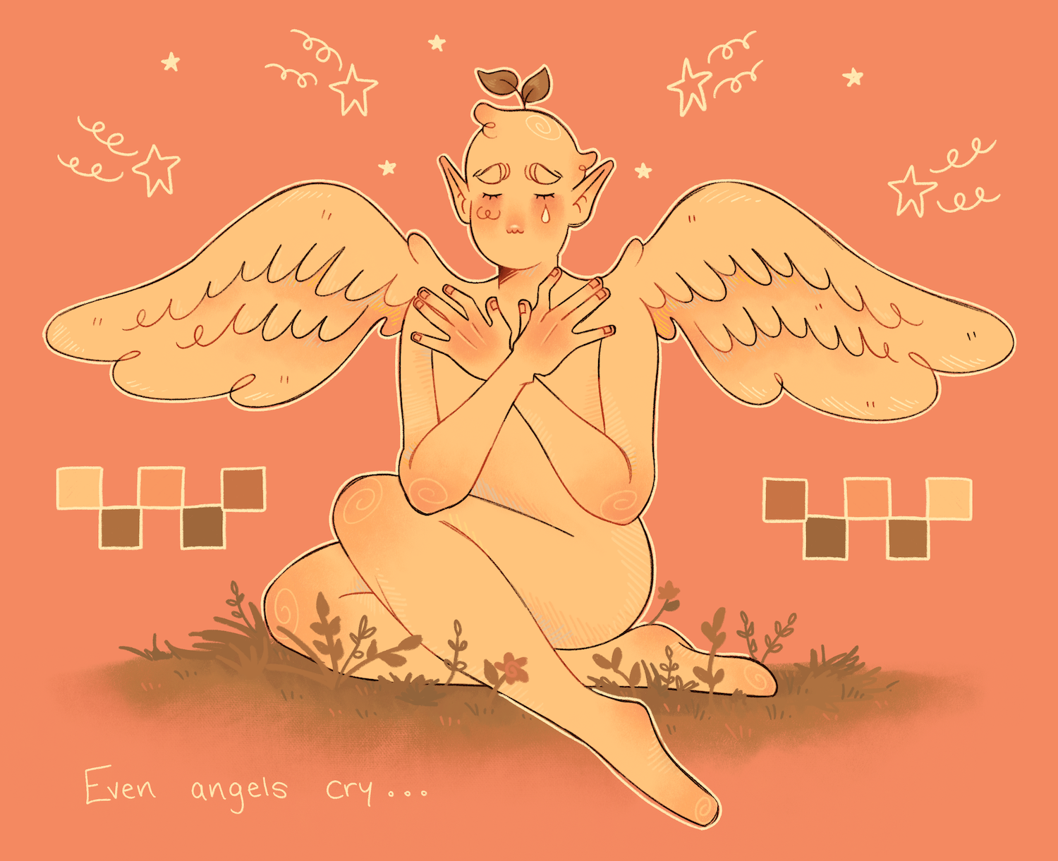 An angel creature with wings outspread sits on grass against an orange background, hugging itself and crying