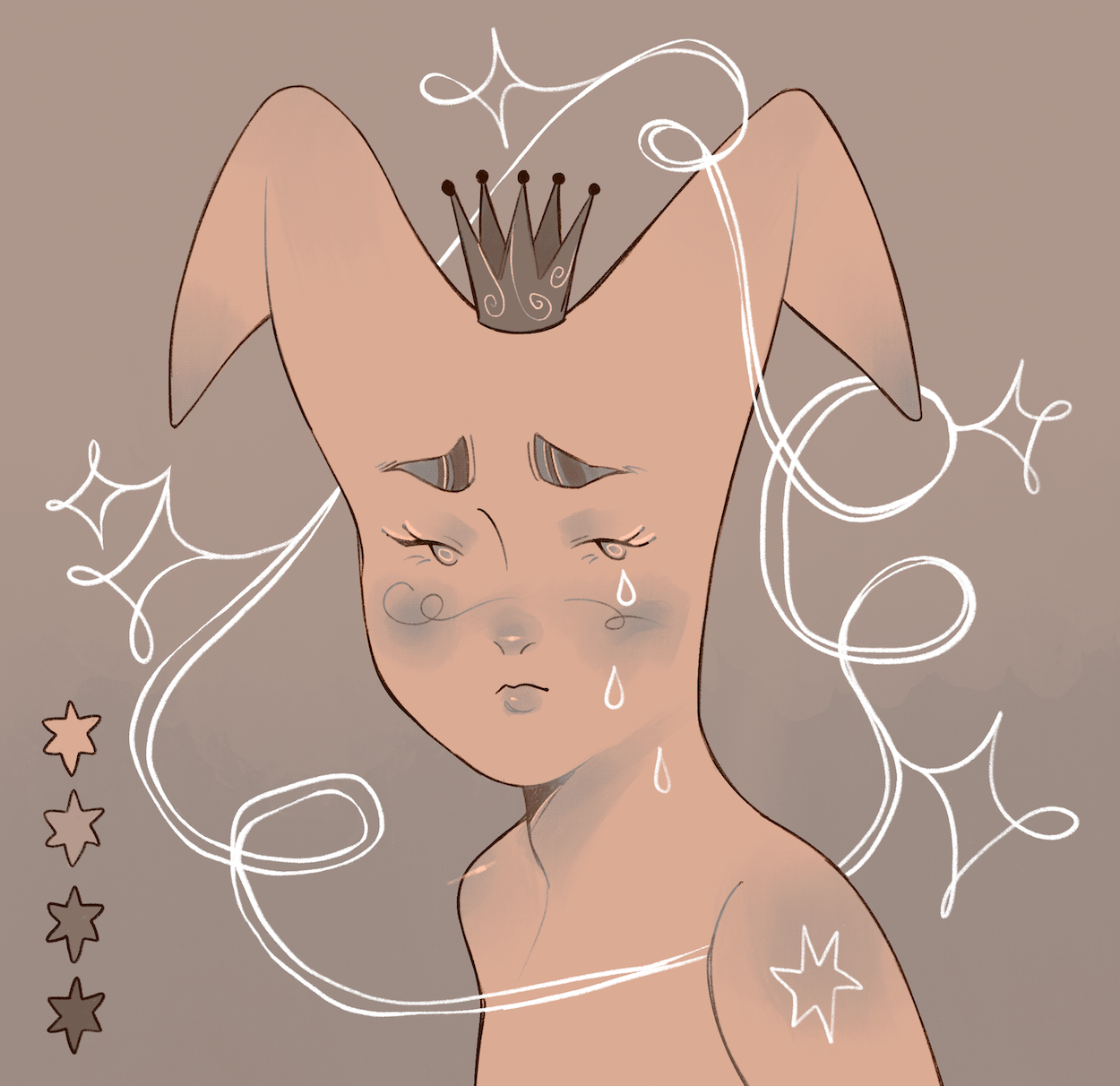 A tan-coloured alien creature with a sad expression wearing a crown and crying.