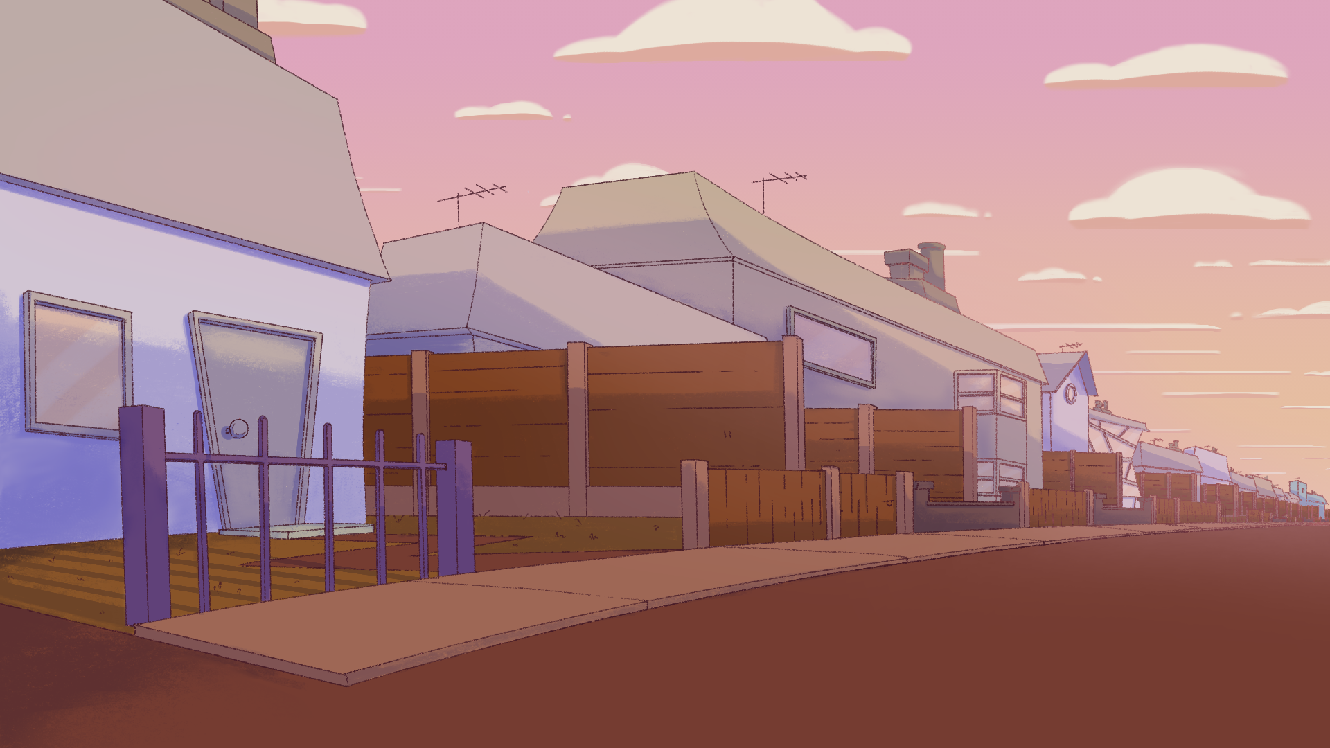 Three houses separated by high corral fences, with a pink cloudy sky above.