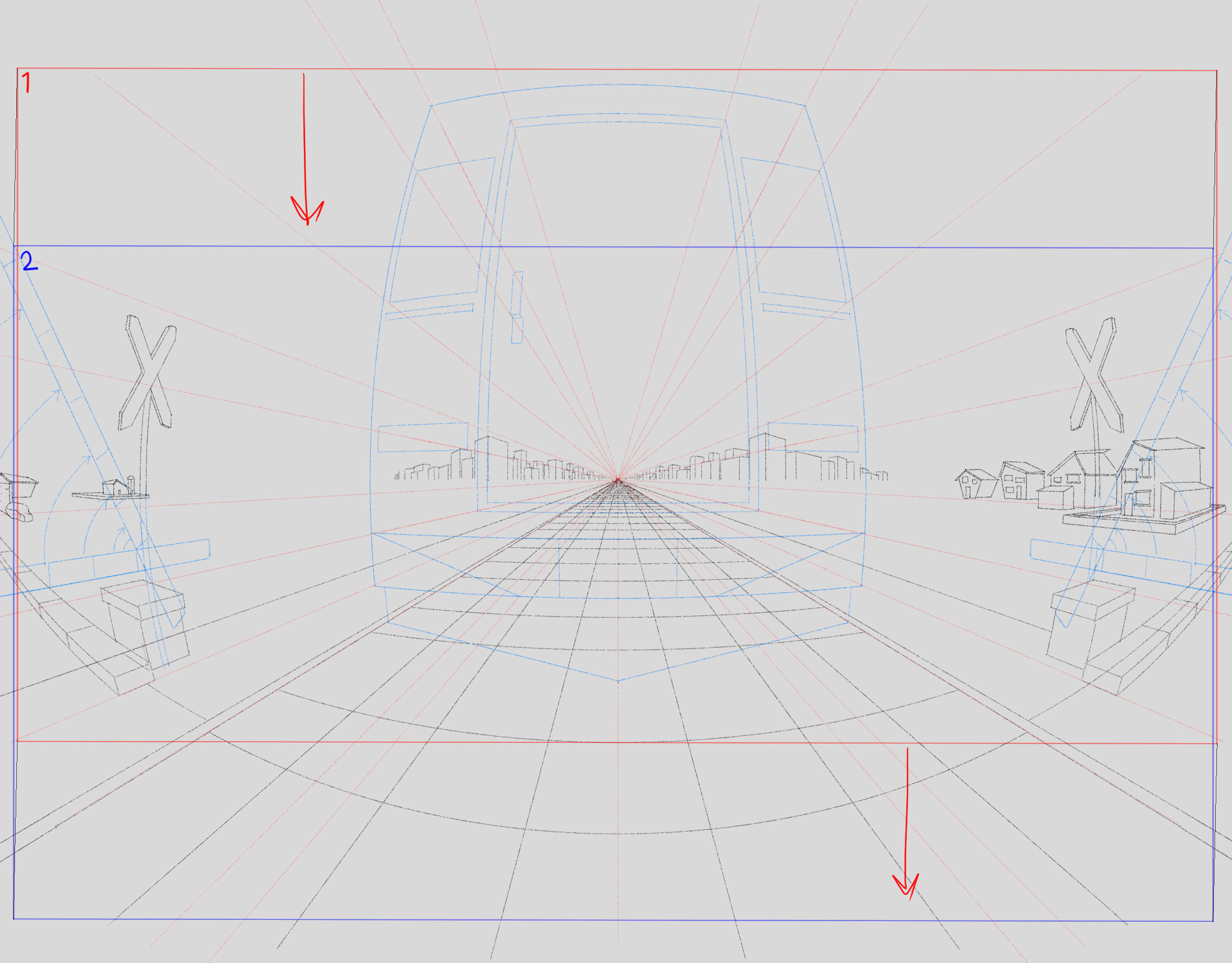 Grid diagram with line drawings of a distant city, with a road coming towards the viewer, and other buildings either side.
