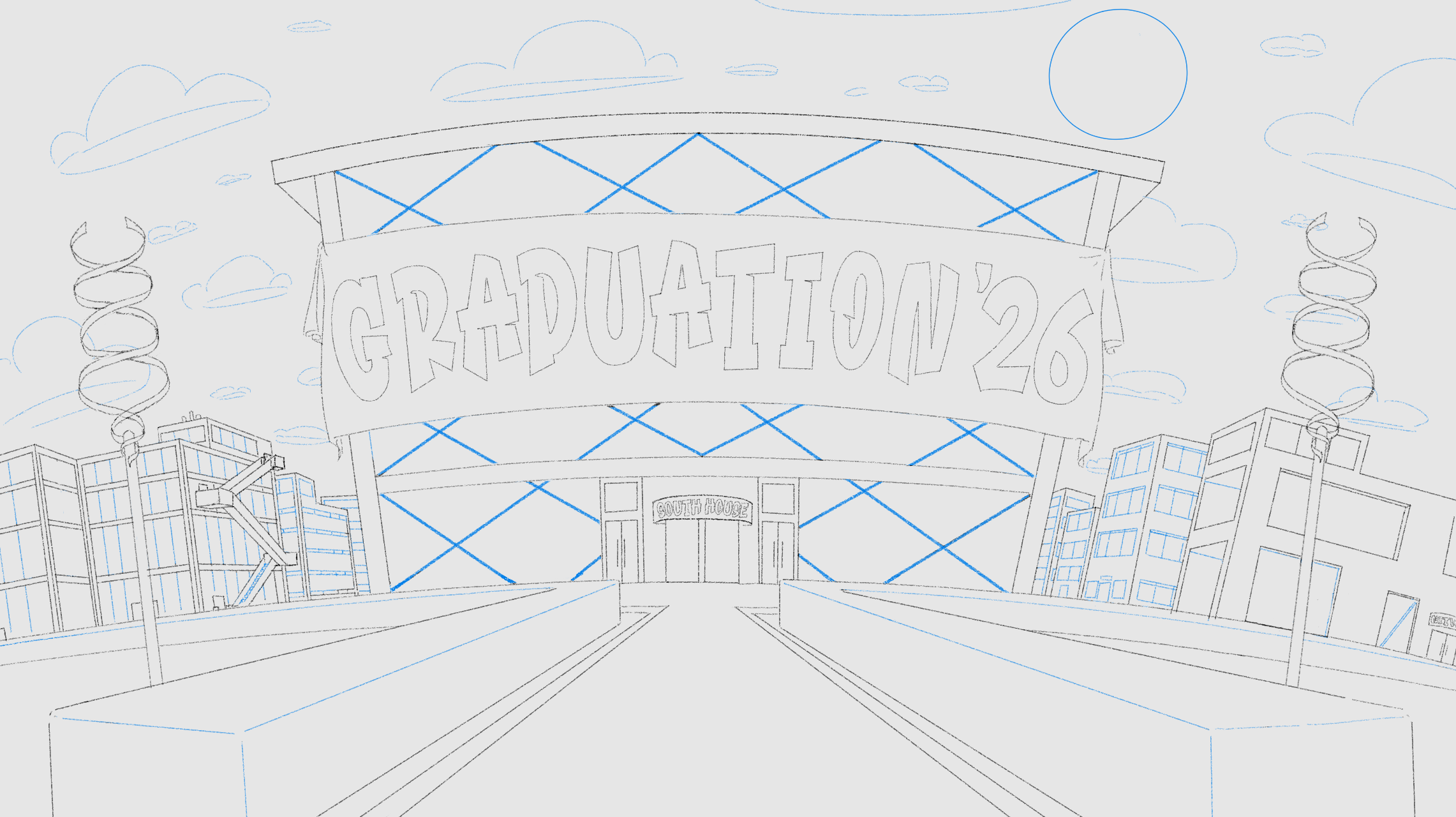 Line drawing of the front of a venue, with a large banner reading "Graduation '26" on the front.