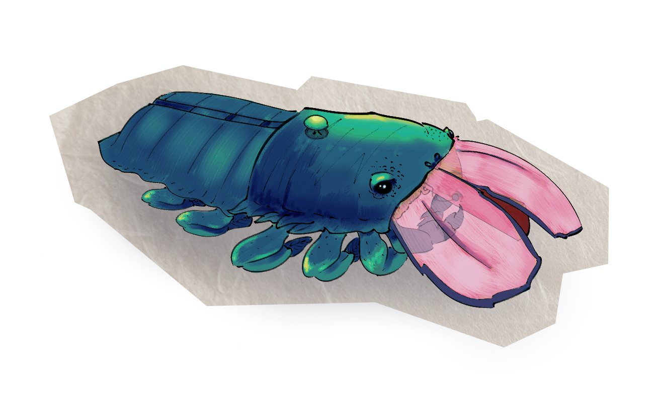 A blue-green lobster-like creature with two large pink tongues or tusks.