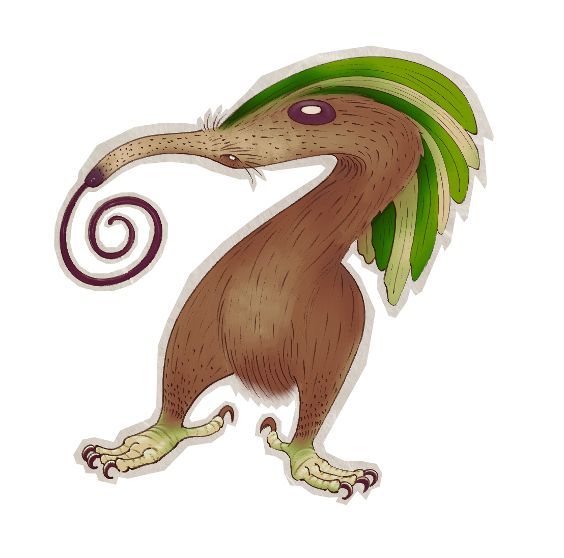 Illustration of a brown and green creature with a long snout and curled tongue, bird-like talons and a green crest.