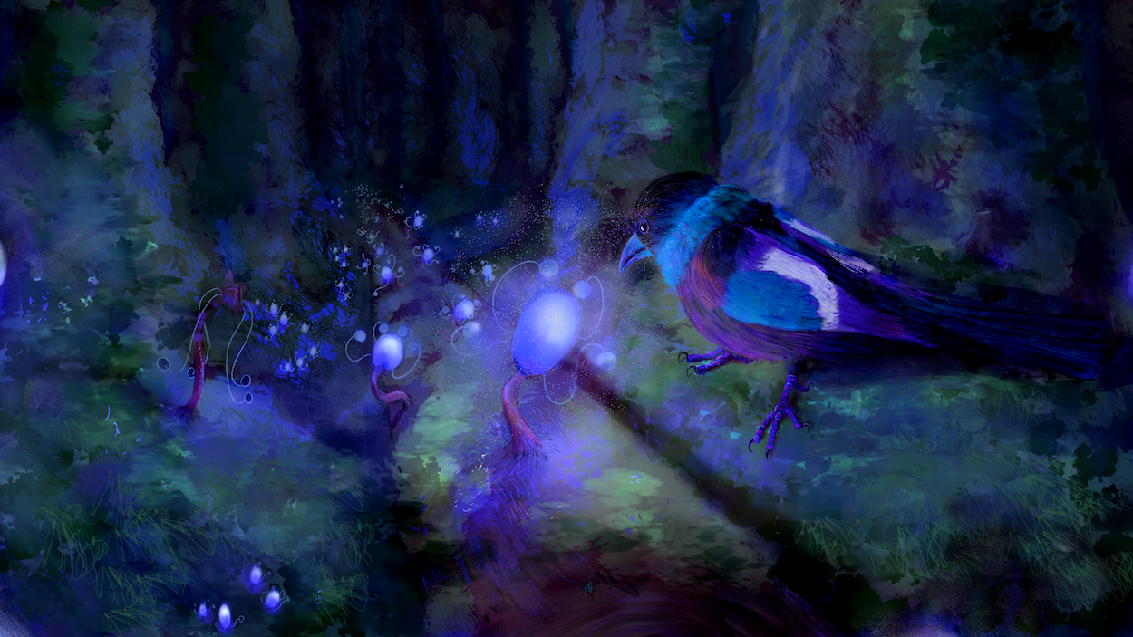 A crow inspecting a purple glowing plant on a forest floor.