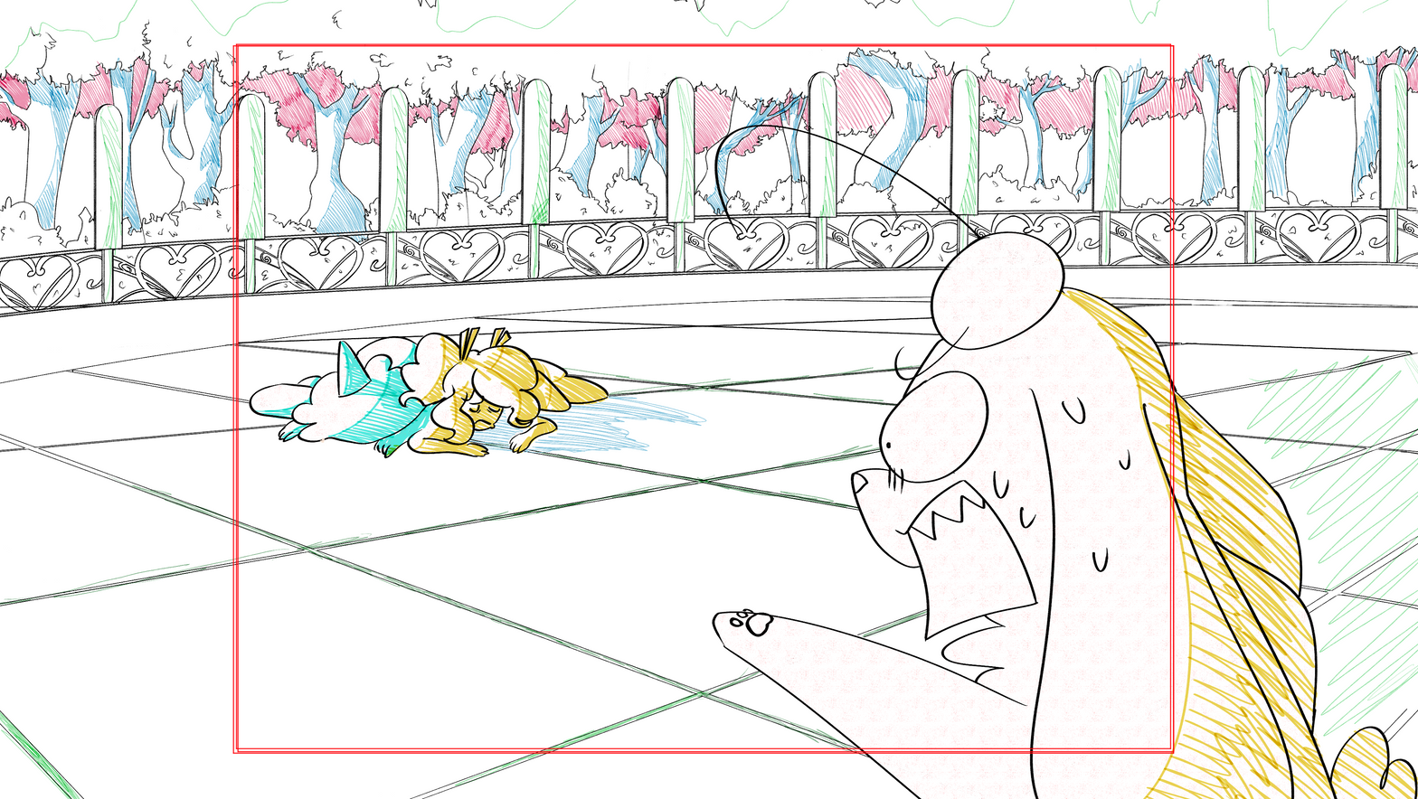 Animated still of a flying squirrel-like creature looking angry at another character lying on the ground in the distance. A forest is drawn in the background.