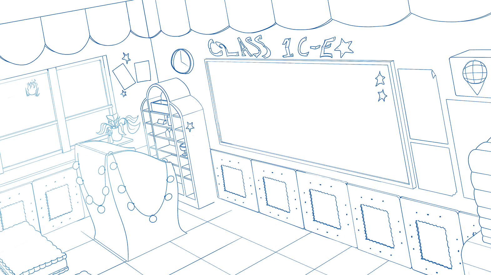 Line drawing of the front of a classroom, with a white board with "Class 1-CE" above it, plus a desk with lights strung around it and a cabinet and clock behind it.