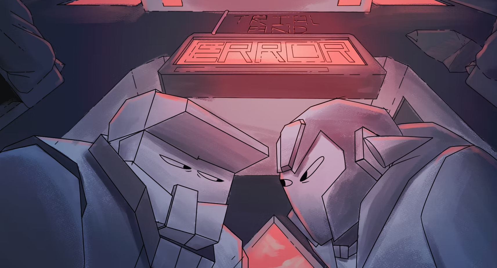 Close-up of two robot warriors glaring at each other above a big red ERROR sign.