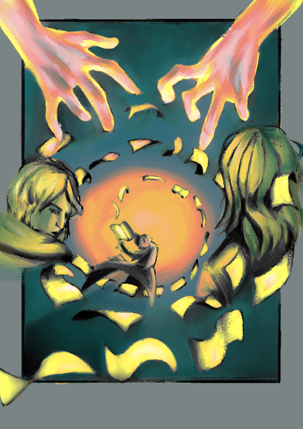 Book cover showing pages spiralling out from a book. Two people's heads, one turned to the viewer, the other completely facing away, appear on either side of the cover. Two grasping hands appear at the top.