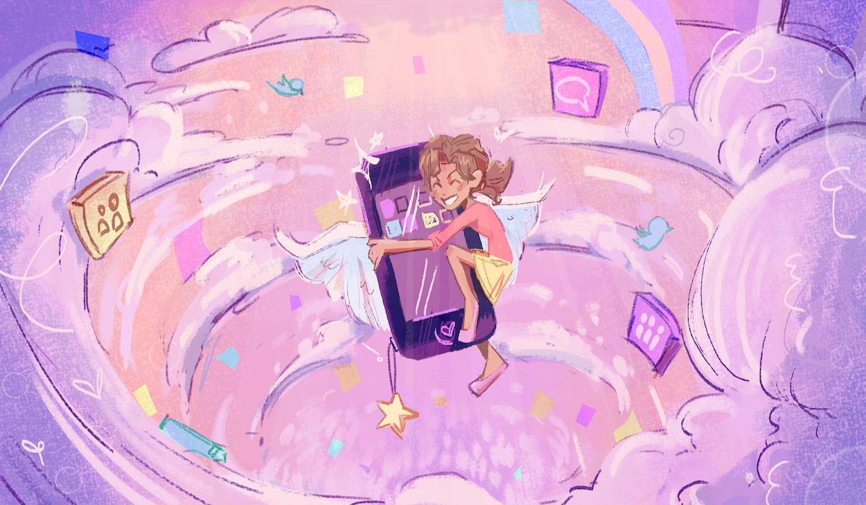Colourful, abstract illustration of a girl holding onto her phone in pink rainbow tornado of stars and icons.
