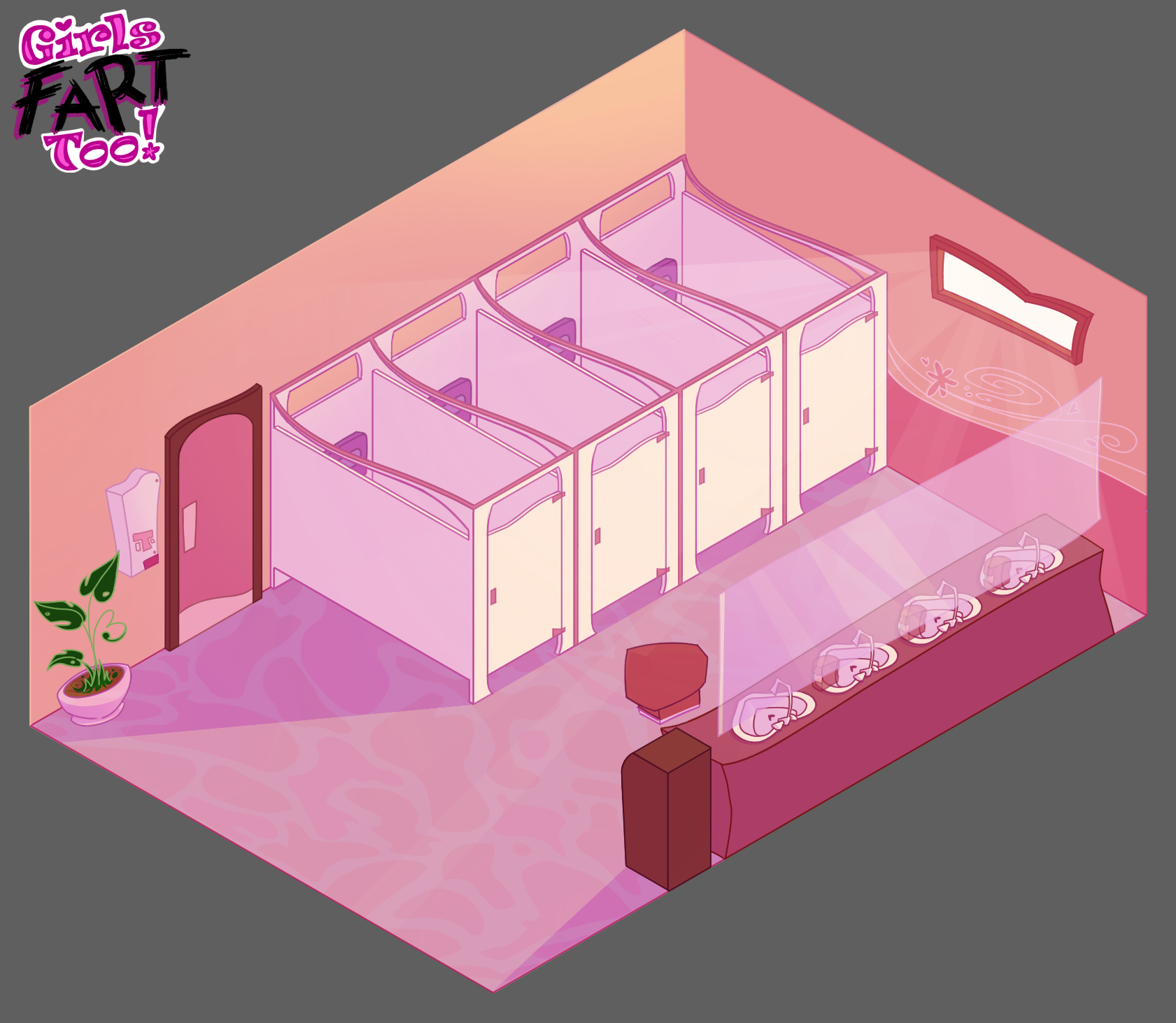 Bird's-eye view of women's toilets in pink-red tone, showing white cubicles, sink, door and plant. Text in corner reads 'girls fart too!'.