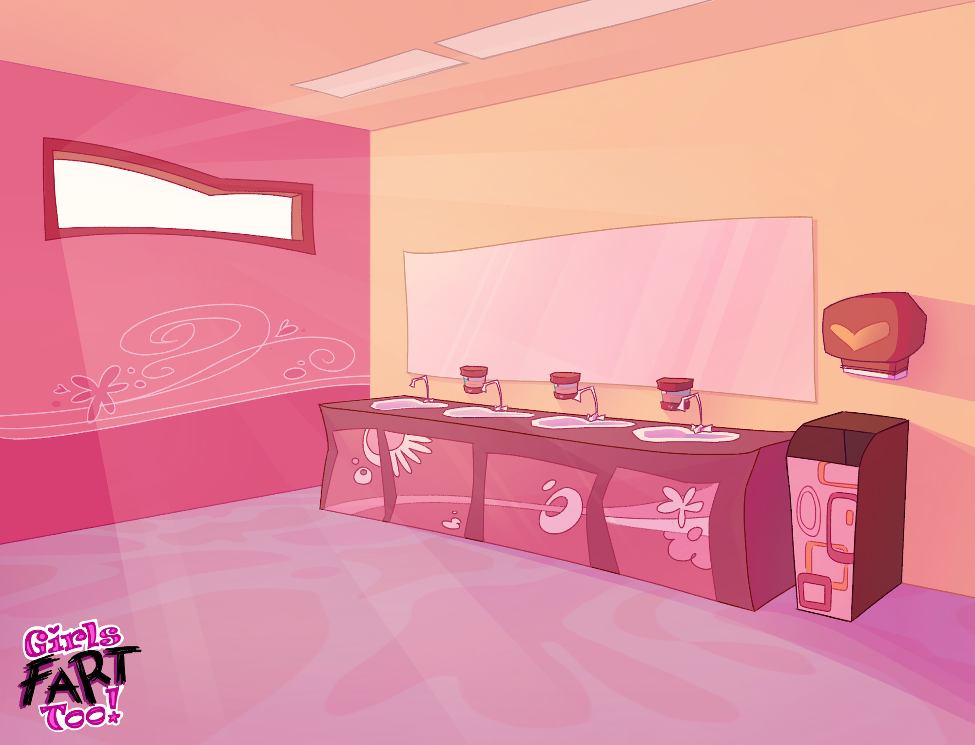 Colourful illustration of red-tone girls toilets with sink and mirror, text in bottom corner reads 'girls fart too!'.