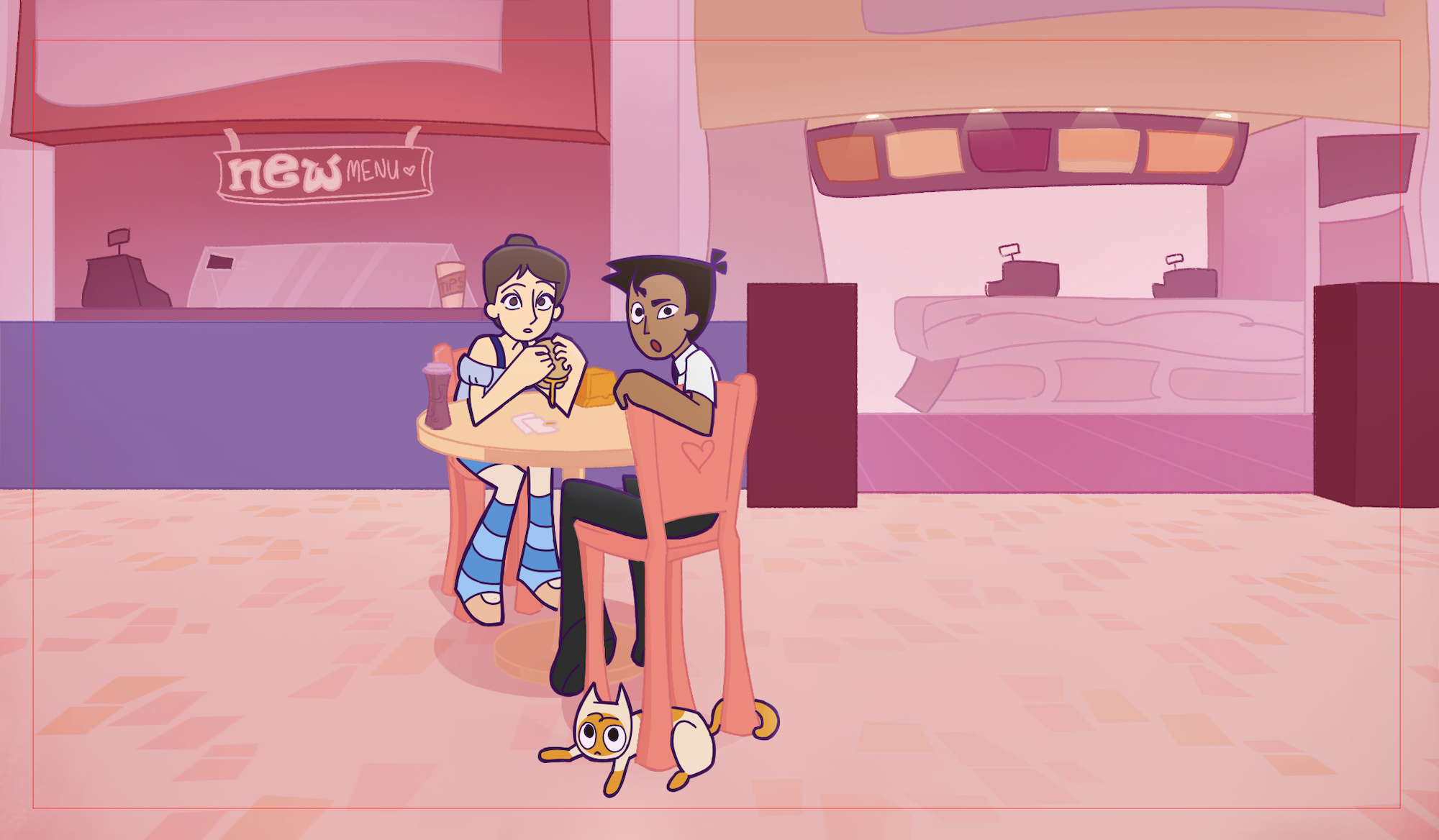 Illustration of two characters and a cat, sat at an orange table in front of two red-pink shops.