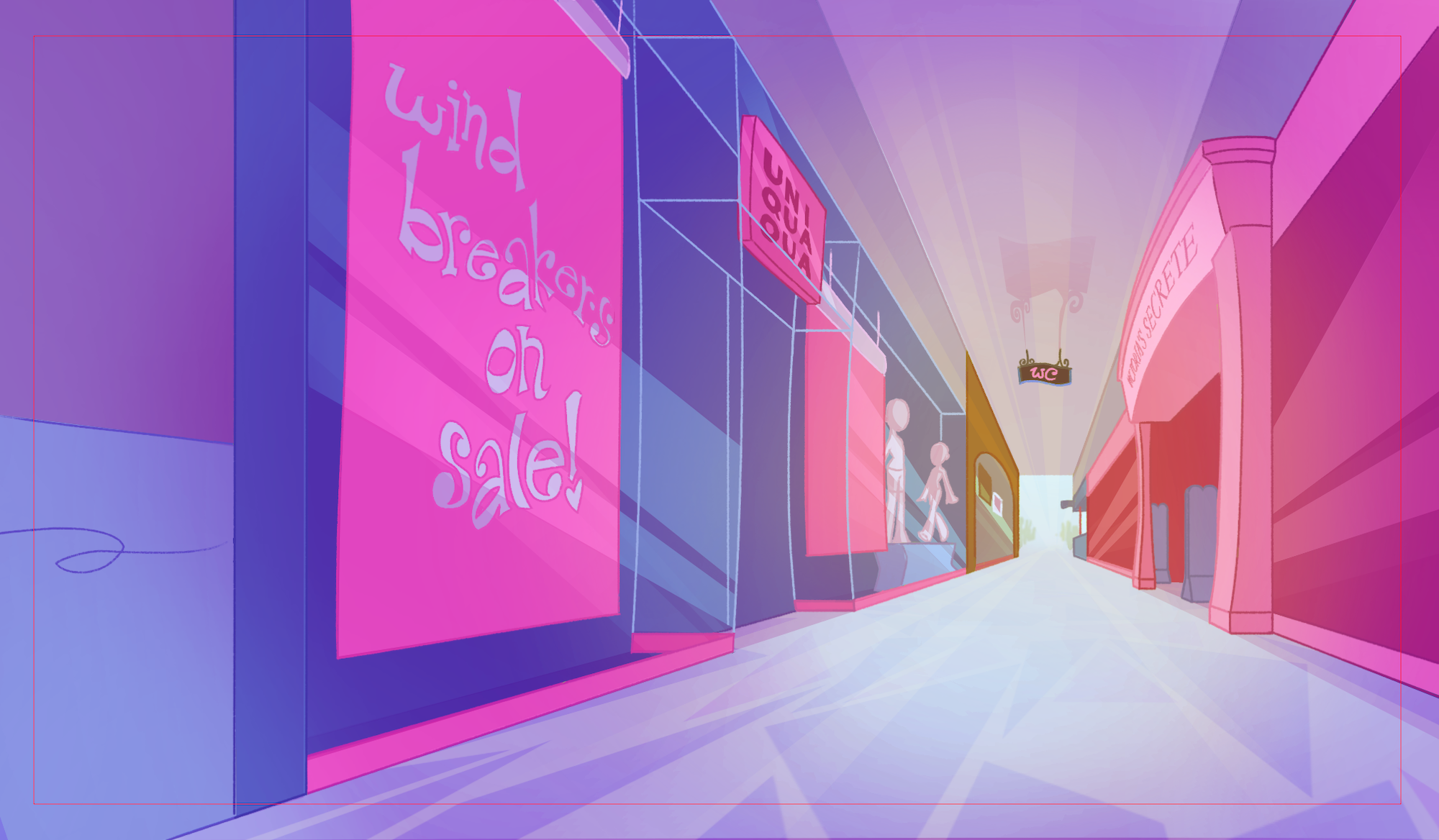 Illustration of a colourful pink alleyway with light glowing from the other side, pink billboard reads 'wind breakers on sale!'.