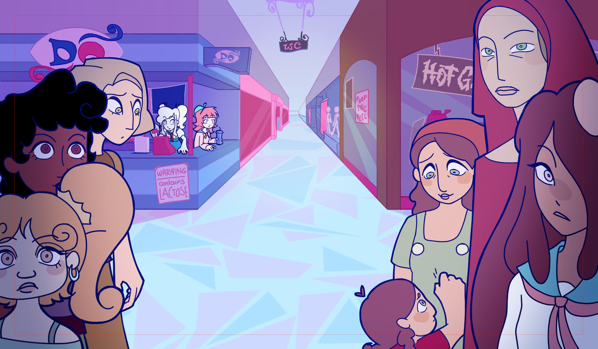 Illustration of a street with female characters on the left and right, pink-tone shops in background and triangle floor pattern.