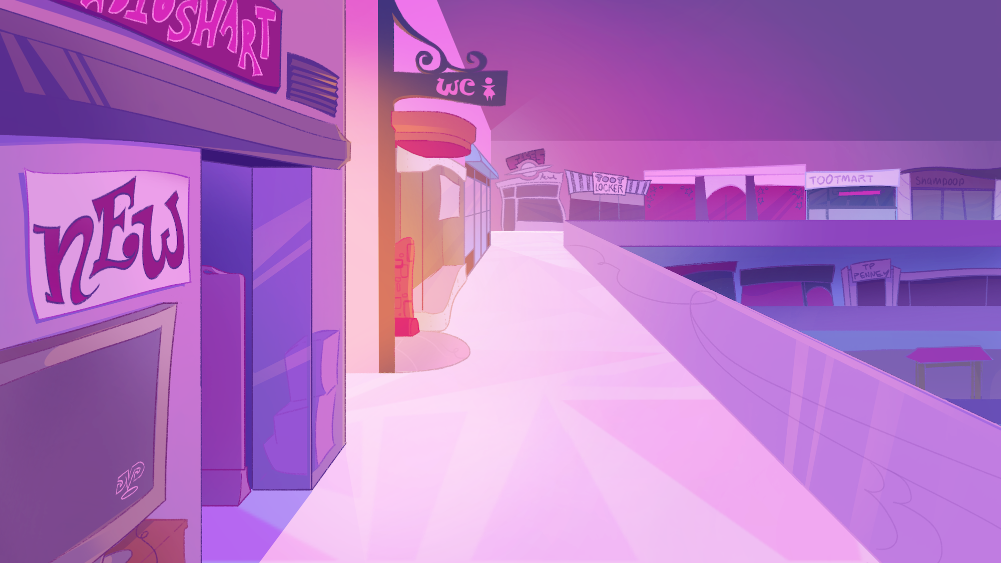 Illustration of a vibrant pink first-floor street with TV shop, toilets and shops in background.