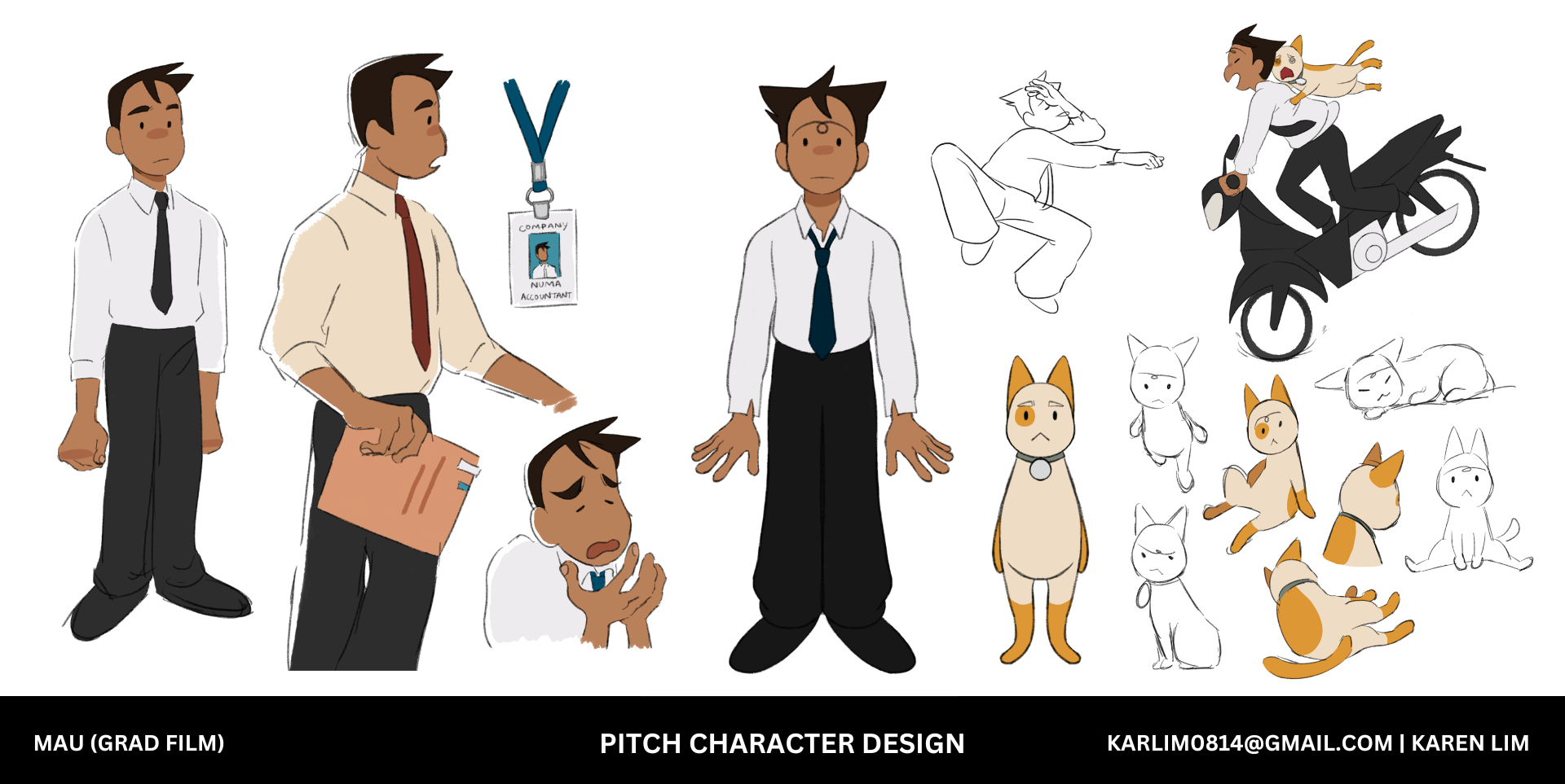 Colourful animation sketches of man in shirt and tie in different positions with an orange cat, text reads 'MAU (GRAD FILM) PITCH CHARACTER DESIGN'.