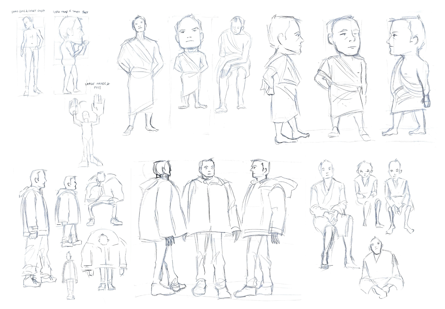 Various sketches of man at different heights, wearing both a robe and oversized coat, white background.