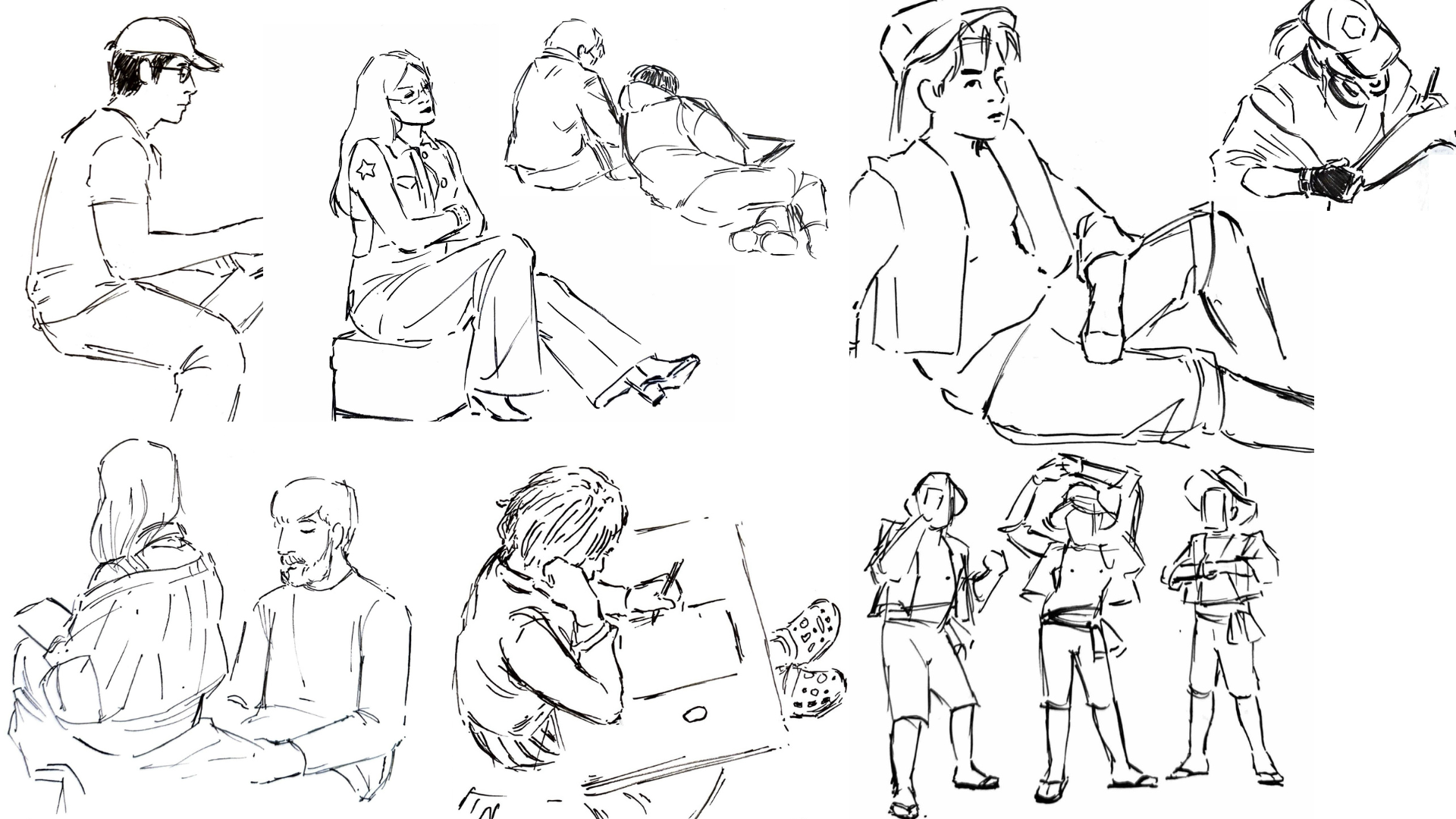 Various sketches of different characters in different positions, white background.
