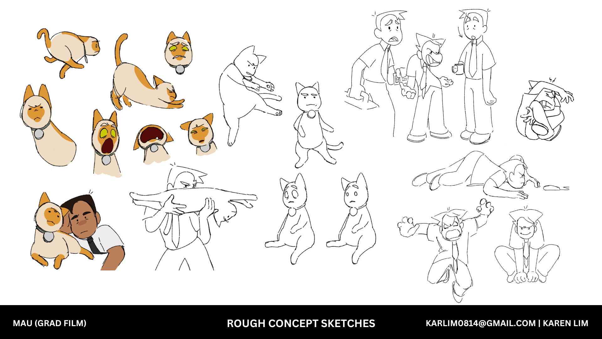 Orange cat and sketches of man character interacting and different positions, text reads 'MAU (GRAD FILM) ROUGH CONCEPT SKETCHES'.