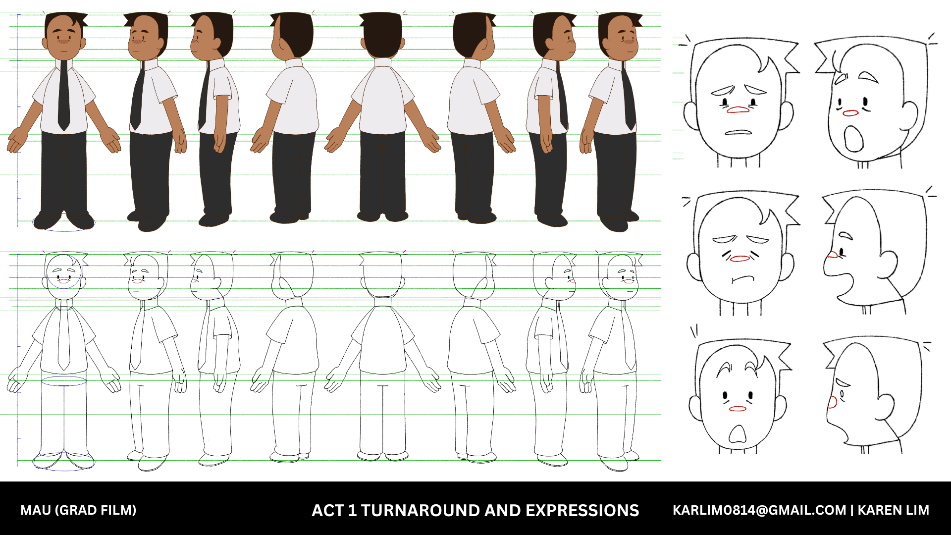 Character turnarounds of man in suit and tie, both in colour and sketched, with illustrations on the right. Text reads 'MAU (GRAD FILM) ACT 1 TURNAROUND AND EXPRESSIONS'.