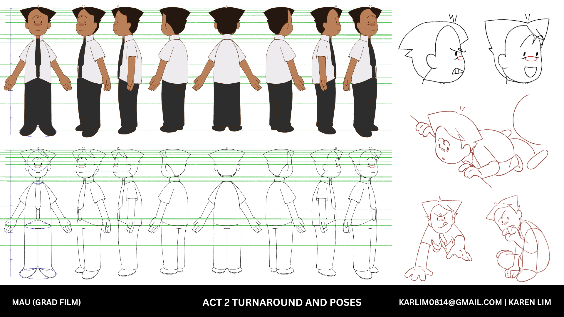 Character turnarounds of man in suit and tie, both in colour and sketched, with illustrations on the right. Text reads 'MAU (GRAD FILM) ACT 2 TURNAROUND AND POSES'.